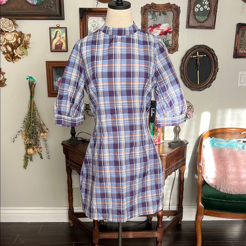 Lulu's Multicolor Plaid Dress with Puff Sleeves